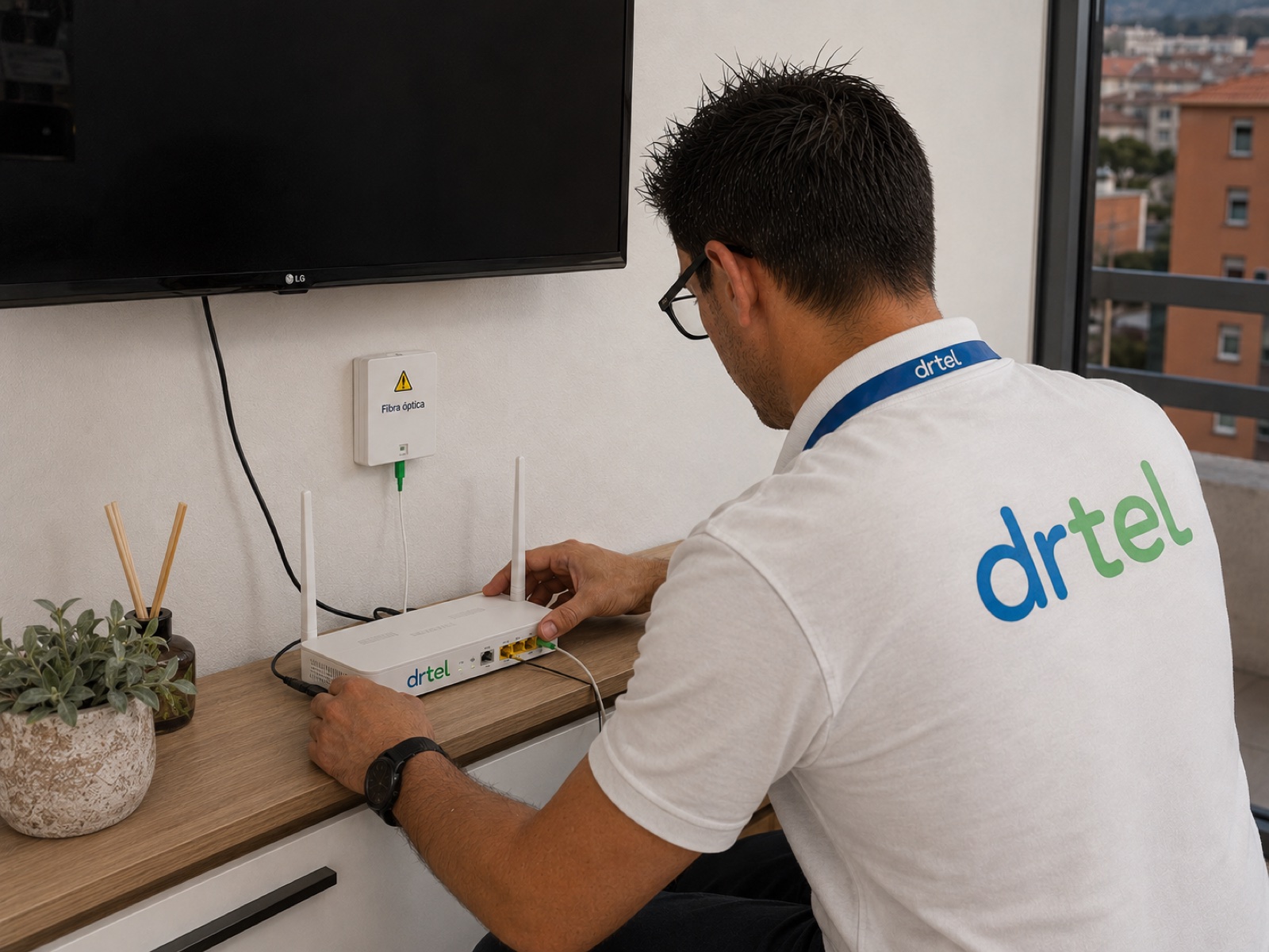 Técnico instalando fibra óptica FTTH en domicilio del cliente final.